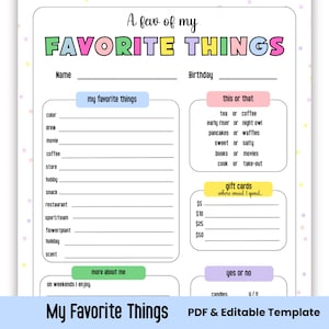 My Favorite Things Form, Get to Know Me, Printable Favorite Things List, All About Me, Coworker Questionannaire, Team Building Editable