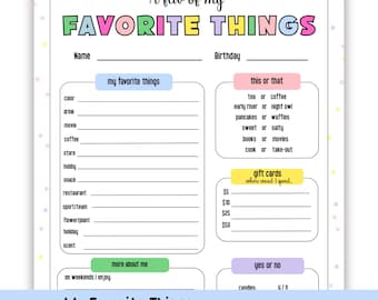My Favorite Things Form, Get to Know Me, Printable Favorite Things List, All About Me, Coworker Questionannaire, Team Building Editable