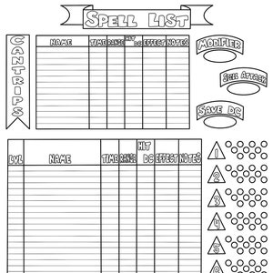 Puede incluir: Una lista de hechizos imprimible en blanco y negro para juegos de rol de Dungeons and Dragons (D&D). La lista incluye secciones para conjuros, hechizos por nivel y una tabla de modificadores.