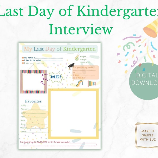 Last Day of Kindergarten Craft for Kids, Kindergarten Graduation Interview Printable, End of Kindergarten Questionnaire for Kids, Graduation
