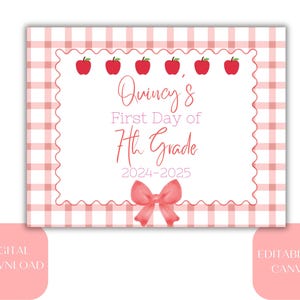 Cartello stampabile per il primo giorno di scuola per ragazze, cartello a quadretti per il primo giorno di scuola, cartello per il ritorno a scuola, cartello per il primo giorno di scuola materna,