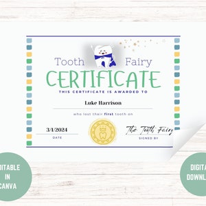 Zahnfee Zertifikat, Zahnfee Quittung, verlorener Zahn Zertifikat, Zahnfee druckbar, Zahnfee Brief, sofort Download