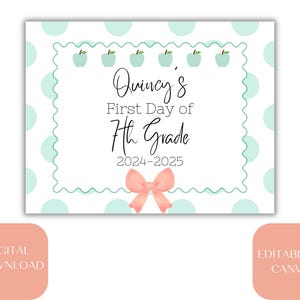 Cartello stampabile per il primo giorno di scuola per ragazze, cartello a pois per il primo giorno di scuola, cartello per il ritorno a scuola, cartello modificabile per il primo giorno di scuola