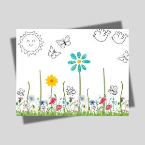 Pode incluir: Um desenho a preto e branco de um sol com uma cara sorridente, dois pássaros e borboletas. Uma flor azul com um centro amarelo está no meio da imagem. Uma fila de flores e abelhas estão na parte inferior da imagem.