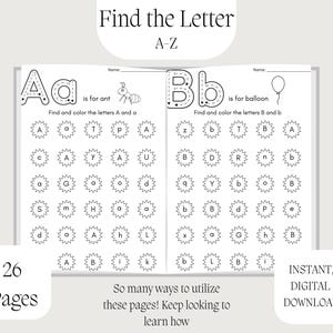 Hojas de trabajo de reconocimiento de letras de la A a la Z / Encuentra la letra imprimible / Actividad del alfabeto para niños pequeños y preescolares / Aprendizaje en casa (PDF)