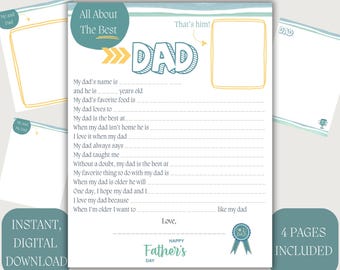 All About My Dad Printable - Father's Day Gift from Kids - DIY Father's Day Questionnaire - Dad Memory Book - Instant Download