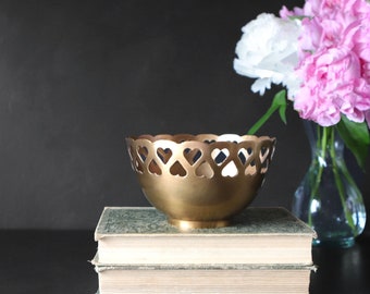 Punched Heart Brass Bowl Scalloped Rim Planter Pot Vintage Valentines Day Coffee Table Catchall Gold Candy Dish