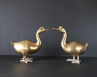 Vintage Brass Geese Garden Statues Patio Goose Welcome Entryway Accent 9 1/4" x 10 1/2"