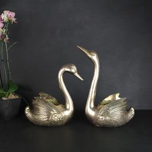 Vintage Brass Swan Jardinieres Planter Pots Pair of Succulent Bird Statues Front Porch Decor 13” High