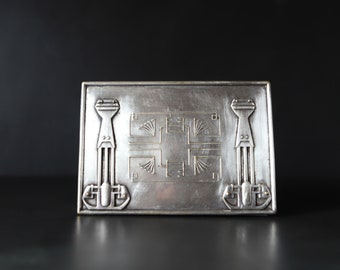 Art Deco Trinket Box Old Worn Silverplated Brass Vintage Hinged Lid with Bump Feet Storage Container READ Egyptian Revival