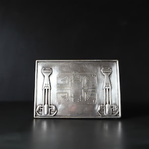 Art Deco Trinket Box Old Worn Silverplated Brass Vintage Hinged Lid with Bump Feet Storage Container READ Egyptian Revival