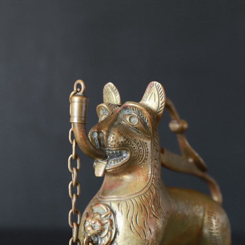 Antique Aquamanile Oil Lamp Lighter 19th C German Lion Shaped Bronze Home Altar Decor Collectible Animal image 2
