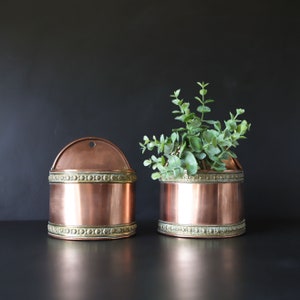May include: Two copper planters with brass trim. One is a wall-mounted design with a curved top, and the other is a round planter holding green foliage. Both have a decorative brass band around the top and bottom.