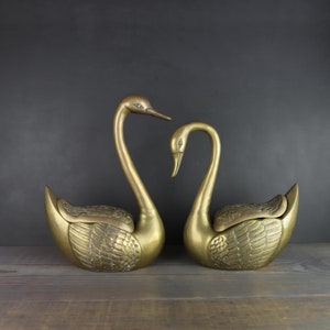 Vintage Brass Swan Planter Pots Pair of Birds Duck Statue Figurines 13 1/2 and 11&quot; tall Garden Patio with Lids