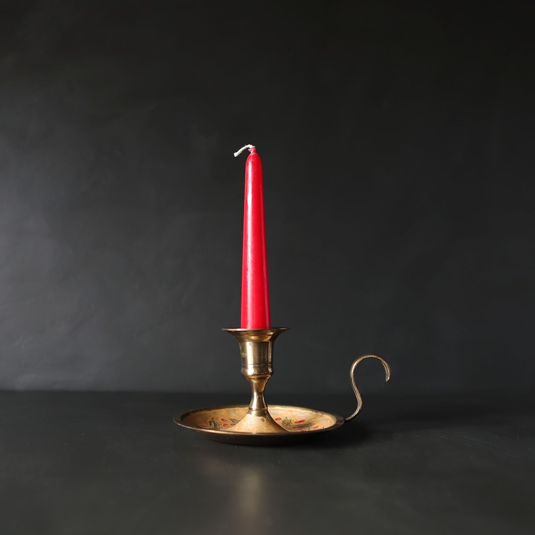 Vintage Etched Brass Chamberstick Finger Loop Candlestick Hand Painted