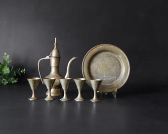Vintage 7x Turkish Brass Set Teapot Trinket Tray Cups MINIATURE Coffee Decanter Ornate Home Decor