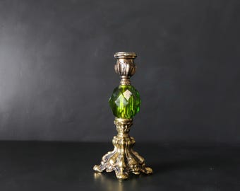 Candelabro de metal vintage con aspecto de cristal verde, portavelas individual
