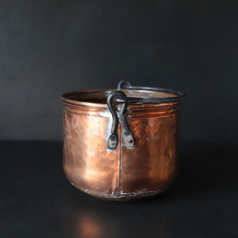 Rustic Copper Bucket Cauldron with Iron Swing Handle Farmhouse Kitchen Storage Container Metalware Dovetailed image 7