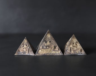 Egyptian Brass Pyramid Paperweights set of 3 Two Tone Vintage Etched Office Desk Decor