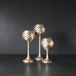 3x Goblet Brass Candlesticks Vintage Punched Votive Candle Holders Punched Pierced Tea Lights Classic Graduated Tiered image 2