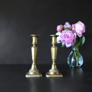 Antique Brass Candlestick Pair: English Beehive Style, Farmhouse Decor