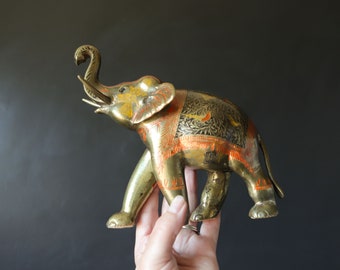 Colorful Brass Elephant Statue Vintage Brass Trunks Up Good Luck Lucky Metal Animal Heavy Paperweight Desk Bookshelf Accent