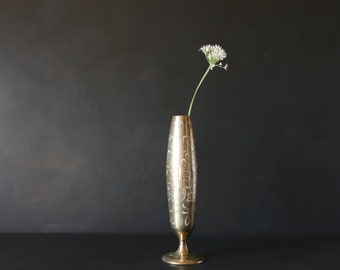 Skinny Brass Vase Vintage Pedestal Etched Flower Bud Container Engraved Heavy Metal