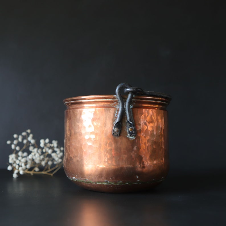 Rustic Copper Bucket Cauldron with Iron Swing Handle Farmhouse Kitchen Storage Container Metalware Dovetailed image 10