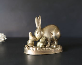 Bunny Rabbit Brass Mom and Baby Bunnies Vintage Bookshelf Decor Small 3" x 4" x 2 3/8"
