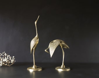 Brass Herons Cranes Statue Vintage Pair 12" Tall Metal Birds Office Bookshelf Entry MCM Home Decor