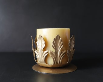 Gold Metal Pillar Candlestick Holder Vintage Hosley Painted Gold Fleur de Lis for 3" Candles
