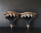 2x Bombay Wall Shelves Large Plaster Fluted Plant Shelf Black Gold Painted Pair READ