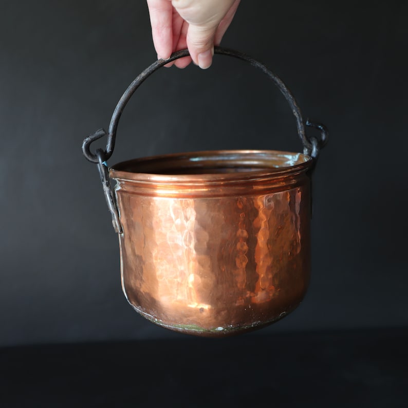 Rustic Copper Bucket Cauldron with Iron Swing Handle Farmhouse Kitchen Storage Container Metalware Dovetailed image 5