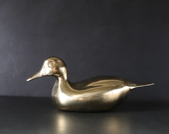 Heavy Vintage Brass Duck Figurine Gold Metal Mallard Bird Paperweight 10 3/4" long