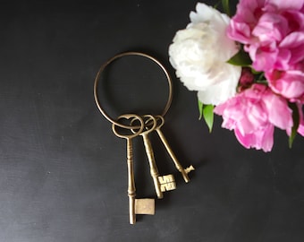 Skeleton Keys Set of 3 On A Ring Vintage Brass Entryway Coffee Table Decor