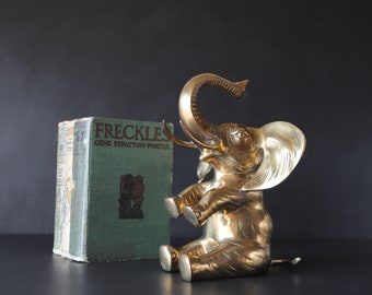 Large Brass Elephant Statue Trunks Up Good Luck Vintage Simple Modernist 9 3/4" tall