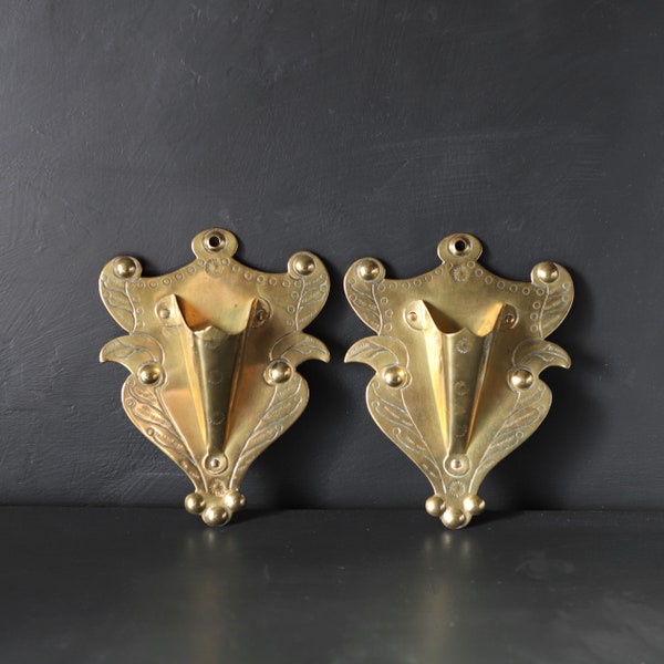 Arts & Crafts Stamped Brass Wall Pocket Planters Antique Hanging Match Holders French Country Shield Crest Shaped Embossed Pair