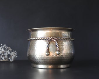 Hammered Brass Planter Pot Vintage Shallow Cactus Plant Bowl MCM Gold Metal Garden Patio Accent