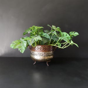 May include: A metallic planter with a copper-toned rim featuring a lattice cutout pattern, a silver-toned midsection with embossed floral details, and three curved legs. A green monstera plant with multiple split leaves sits inside the bowl.