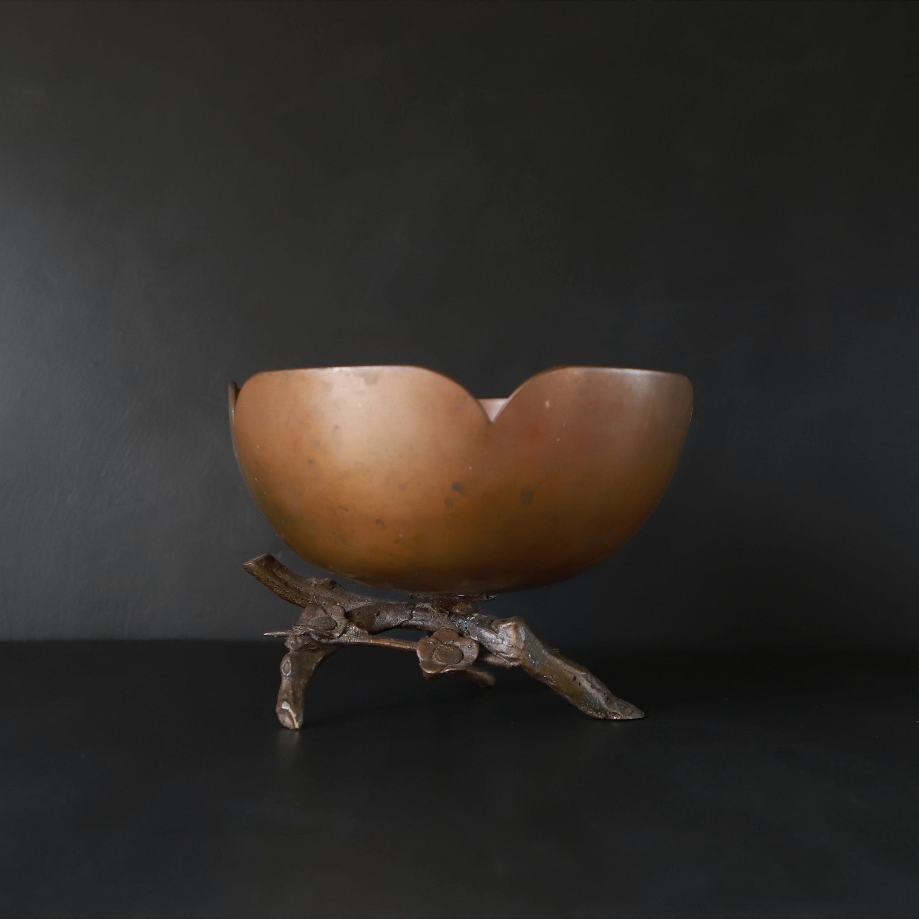 Japanese Bronze Ikebana Bowl On Natural Tree Limbs Ooak Flower Arranging Container