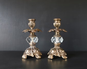 Victorian Crystal Candlesticks Vintage Ornate Metal Taper Candle Holders