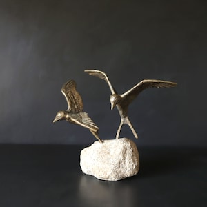 Brutalist Bronze Bird Sculpture: Vintage Handmade Sparrows on Rock