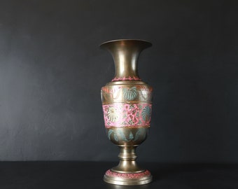 Bright Colorful Brass Vase Vintage Daisy Flowers Hot Pink Etched Pedestal Urn 10” tall Boho Bookshelf Shelf Decor