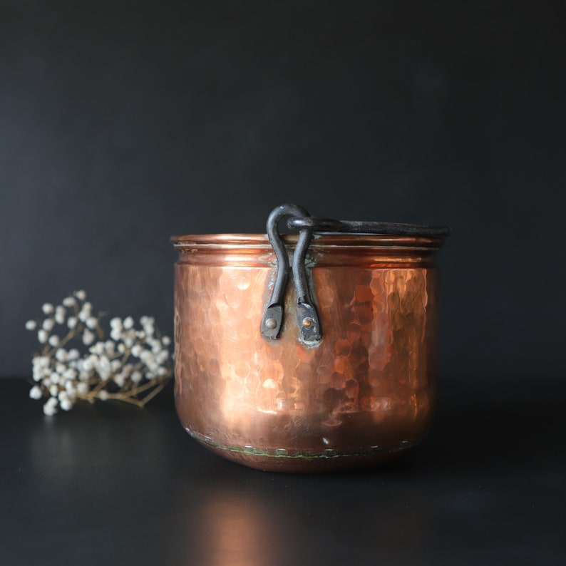 Rustic Copper Bucket Cauldron with Iron Swing Handle Farmhouse Kitchen Storage Container Metalware Dovetailed image 1