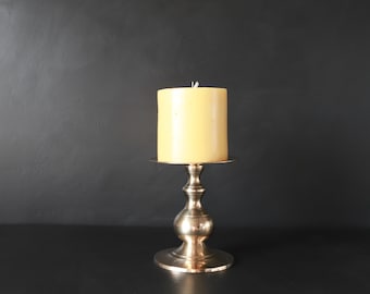Retro Brass Pillar Candle Holder Vintage Gold Metal Candlestick Display Stand Boho Wedding Decor Nestlings 4 1/2” tall x 3 3/4” Round