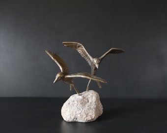 Bronze Birds in Flight Brutalist Statue Flying Brass Sparrows Artisan Handmade Rock 8 1/4” wide Library Bookshelf