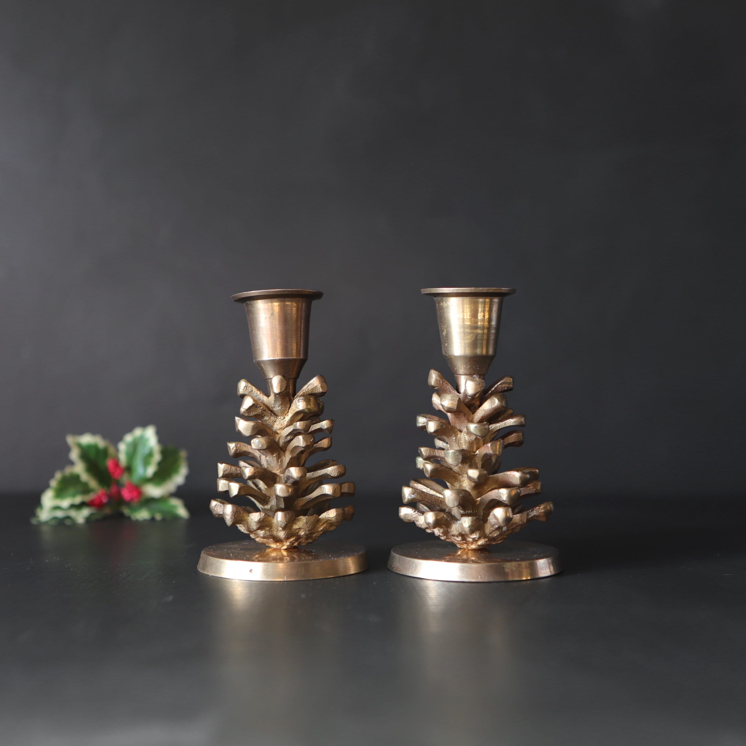 2x Brass Pinecone Candlesticks Vintage Pine Cone Candle Holders Classic  Christmas Decor 