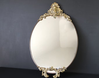 Art Nouveau Wall Mirror Ornate Oval Brass Hanging Entryway Accent Womans Head for Decor