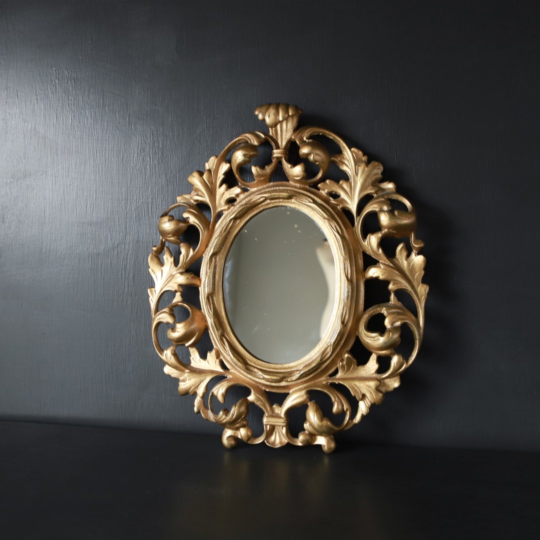 Art Nouveau Brass Mirror Vintage Ornate Heavy Oval Frame Entryway Wall