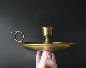Large Antique Brass Candlestick Holder Rustic Bronze Metal Chamberstick Entryway Trinket Tray 10 1/4" wide